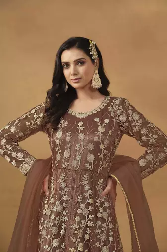 Brown net heavy thread embroidery with sequis work salwar kameez