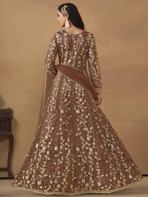 Brown net heavy thread embroidery with sequis work salwar kameez 3