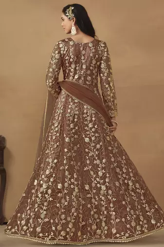 Brown net heavy thread embroidery with sequis work salwar kameez