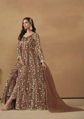 Brown net heavy thread embroidery with sequis work salwar kameez 4