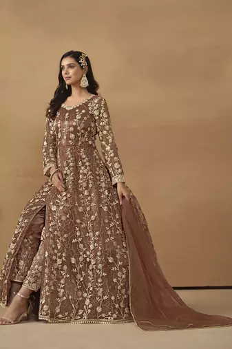 Brown net heavy thread embroidery with sequis work salwar kameez