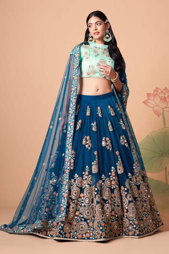 Dove Blue Thread Zari Dori And Sequins Embroidered With Mirror Work Soft Net Lehenga Choli