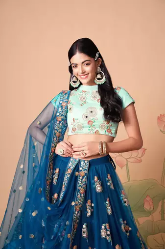 Dove Blue Thread Zari Dori And Sequins Embroidered With Mirror Work Soft Net Lehenga Choli