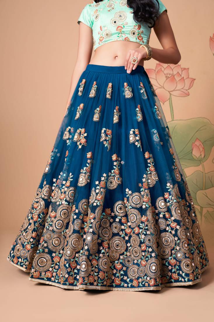 Dove Blue Thread Zari Dori And Sequins Embroidered With Mirror Work Soft Net Lehenga Choli