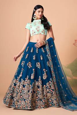 Dove Blue Thread Zari Dori And Sequins Embroidered With Mirror Work Soft Net Lehenga Choli 4