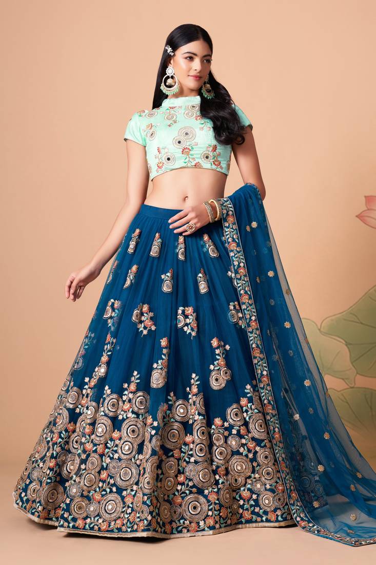 Dove Blue Thread Zari Dori And Sequins Embroidered With Mirror Work Soft Net Lehenga Choli