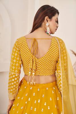 YELLOW SEQUINS & ZARI EMBROIDERED GEORGETTE DESIGNER BRIDAL WEDDING & PARTY WEAR FESTIVAL SEMI STITCHED LEHENGA 6