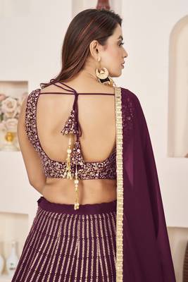 WINE SEQUINS & ZARI EMBROIDERED GEORGETTE DESIGNER BRIDAL WEDDING & PARTY WEAR FESTIVAL SEMI STITCHED LEHENGA 6