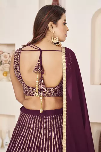 WINE SEQUINS & ZARI EMBROIDERED GEORGETTE DESIGNER BRIDAL WEDDING & PARTY WEAR FESTIVAL SEMI STITCHED LEHENGA