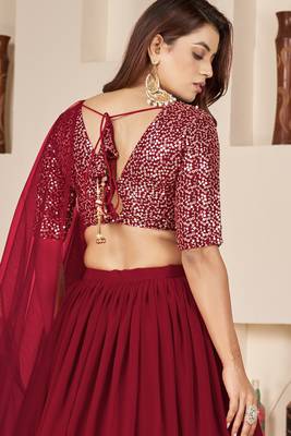 RED SEQUINS & ZARI EMBROIDERED GEORGETTE DESIGNER BRIDAL WEDDING & PARTY WEAR FESTIVAL SEMI STITCHED LEHENGA 6