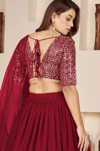RED SEQUINS & ZARI EMBROIDERED GEORGETTE DESIGNER BRIDAL WEDDING & PARTY WEAR FESTIVAL SEMI STITCHED LEHENGA