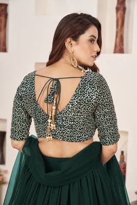 GREEN SEQUINS & ZARI EMBROIDERED GEORGETTE DESIGNER BRIDAL WEDDING & PARTY WEAR FESTIVAL SEMI STITCHED LEHENGA 6