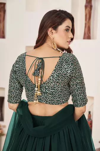 GREEN SEQUINS & ZARI EMBROIDERED GEORGETTE DESIGNER BRIDAL WEDDING & PARTY WEAR FESTIVAL SEMI STITCHED LEHENGA