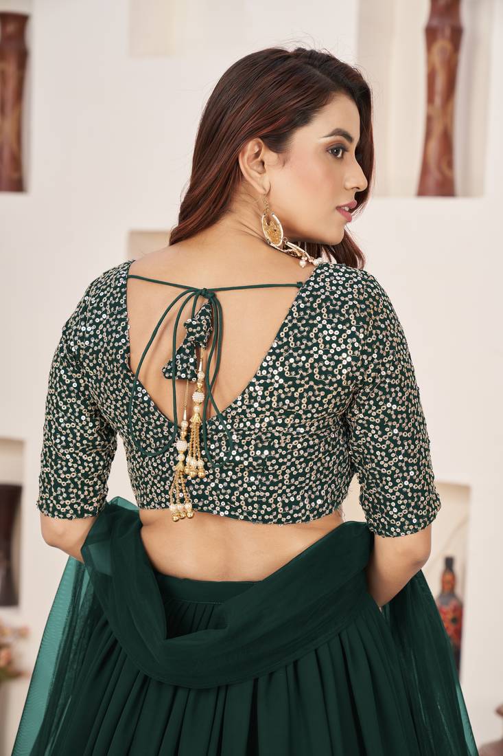 GREEN SEQUINS & ZARI EMBROIDERED GEORGETTE DESIGNER BRIDAL WEDDING & PARTY WEAR FESTIVAL SEMI STITCHED LEHENGA