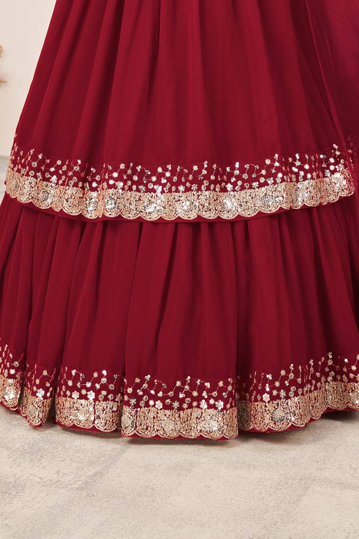 RED SEQUINS & ZARI EMBROIDERED GEORGETTE DESIGNER BRIDAL WEDDING & PARTY WEAR FESTIVAL SEMI STITCHED LEHENGA