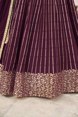 WINE SEQUINS & ZARI EMBROIDERED GEORGETTE DESIGNER BRIDAL WEDDING & PARTY WEAR FESTIVAL SEMI STITCHED LEHENGA 7