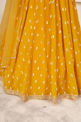 YELLOW SEQUINS & ZARI EMBROIDERED GEORGETTE DESIGNER BRIDAL WEDDING & PARTY WEAR FESTIVAL SEMI STITCHED LEHENGA 7
