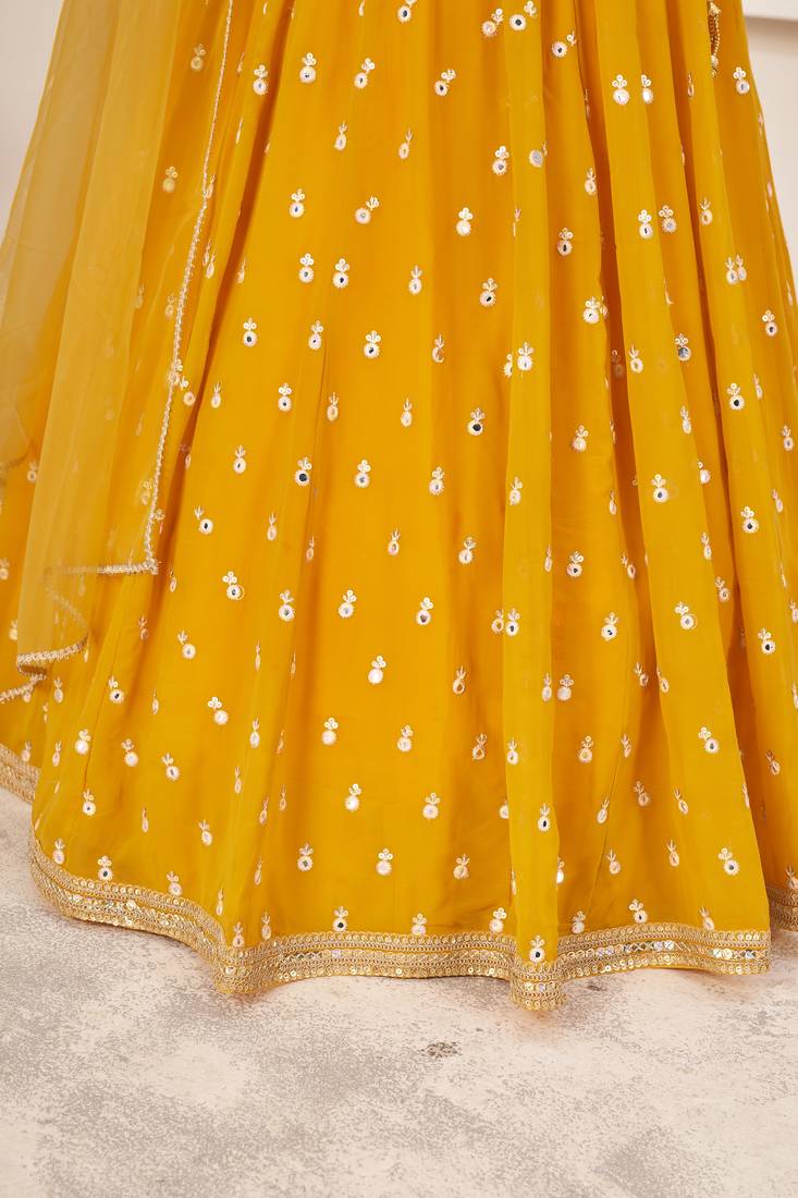 YELLOW SEQUINS & ZARI EMBROIDERED GEORGETTE DESIGNER BRIDAL WEDDING & PARTY WEAR FESTIVAL SEMI STITCHED LEHENGA