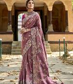 Dark Mauve Colour Faux Banarasi Silk Embroidered Woven Saree With Blouse