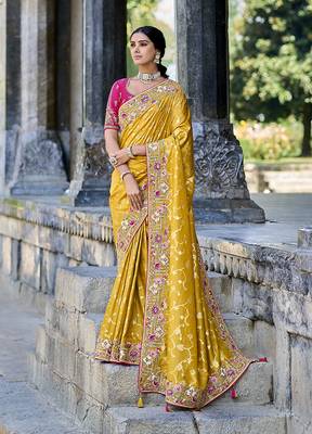 Yellow Colour Faux Banarasi Silk Embroidered Woven Saree With Blouse 1