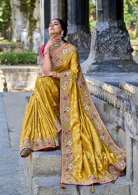 Yellow Colour Faux Banarasi Silk Embroidered Woven Saree With Blouse 2