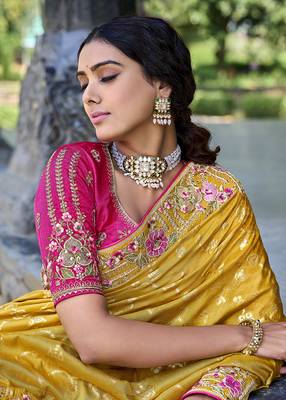 Yellow Colour Faux Banarasi Silk Embroidered Woven Saree With Blouse 3