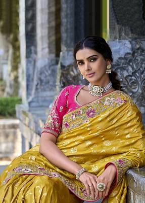 Yellow Colour Faux Banarasi Silk Embroidered Woven Saree With Blouse 4