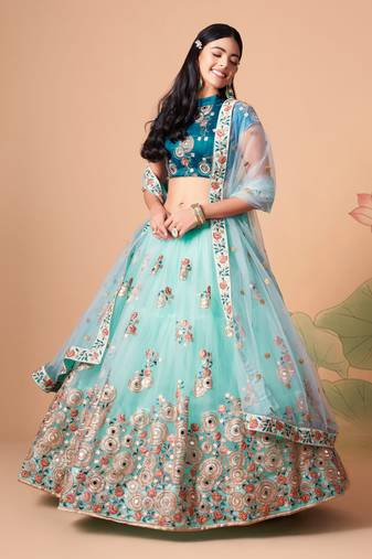 Sky Blue Thread Zari Dori And Sequins Embroidered With Mirror Work Soft Net Lehenga Choli For Wedding