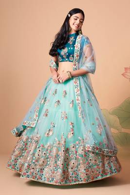 Sky Blue Thread Zari Dori And Sequins Embroidered With Mirror Work Soft Net Lehenga Choli For Wedding 1
