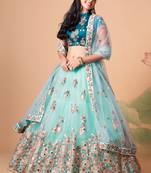 Sky Blue Thread Zari Dori And Sequins Embroidered With Mirror Work Soft Net Lehenga Choli For Wedding