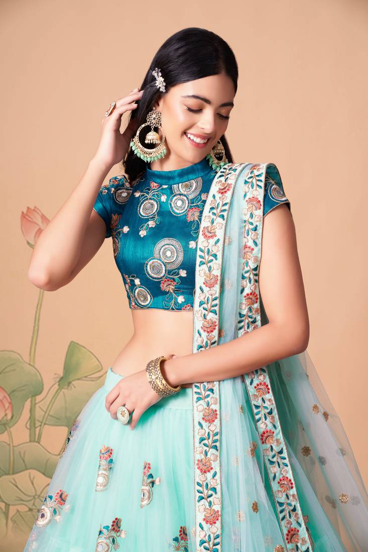 Sky Blue Thread Zari Dori And Sequins Embroidered With Mirror Work Soft Net Lehenga Choli For Wedding
