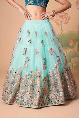Sky Blue Thread Zari Dori And Sequins Embroidered With Mirror Work Soft Net Lehenga Choli For Wedding 3