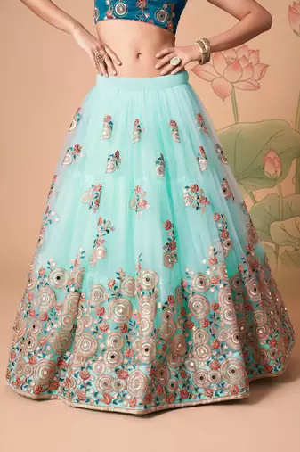 Sky Blue Thread Zari Dori And Sequins Embroidered With Mirror Work Soft Net Lehenga Choli For Wedding