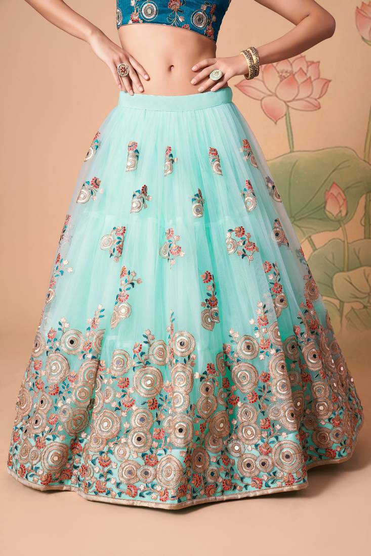 Sky Blue Thread Zari Dori And Sequins Embroidered With Mirror Work Soft Net Lehenga Choli For Wedding