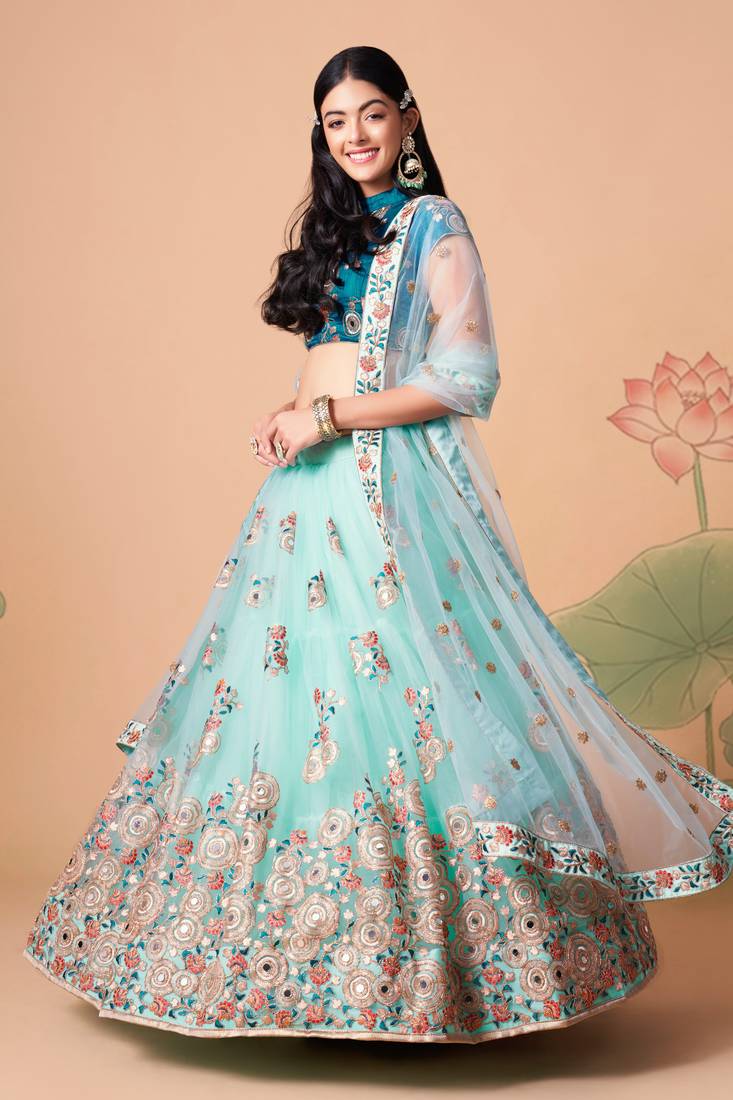 Sky Blue Thread Zari Dori And Sequins Embroidered With Mirror Work Soft Net Lehenga Choli For Wedding