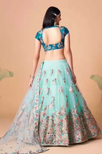 Sky Blue Thread Zari Dori And Sequins Embroidered With Mirror Work Soft Net Lehenga Choli For Wedding