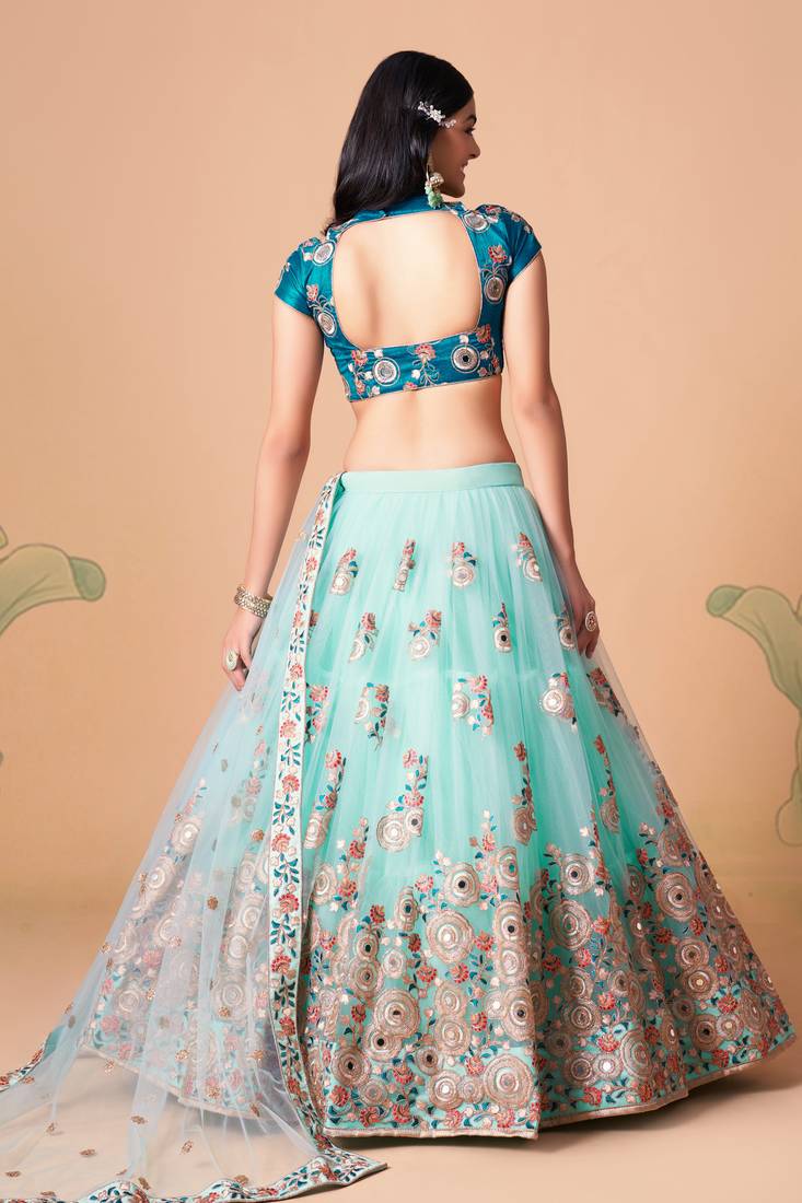 Sky Blue Thread Zari Dori And Sequins Embroidered With Mirror Work Soft Net Lehenga Choli For Wedding