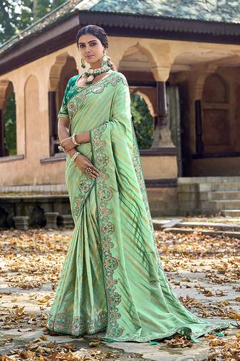 Sea Green Colour Faux Banarasi Silk Embroidered Woven Saree With Blouse