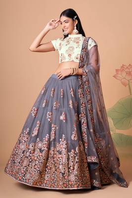 Grey Thread Zari Dori And Sequins Embroidered With Mirror Work Soft Net Lehenga Choli 1