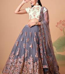 Grey Thread Zari Dori And Sequins Embroidered With Mirror Work Soft Net Lehenga Choli