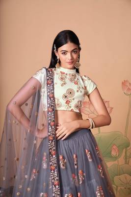 Grey Thread Zari Dori And Sequins Embroidered With Mirror Work Soft Net Lehenga Choli 2