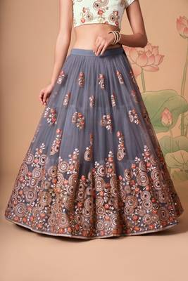 Grey Thread Zari Dori And Sequins Embroidered With Mirror Work Soft Net Lehenga Choli 3