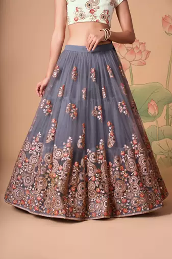 Grey Thread Zari Dori And Sequins Embroidered With Mirror Work Soft Net Lehenga Choli