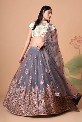 Grey Thread Zari Dori And Sequins Embroidered With Mirror Work Soft Net Lehenga Choli 4