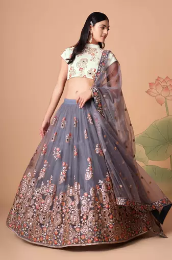Grey Thread Zari Dori And Sequins Embroidered With Mirror Work Soft Net Lehenga Choli