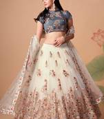 Off White Thread Zari Dori And Sequins Embroidered With Mirror Work Soft Net Designer Lehenga Choli