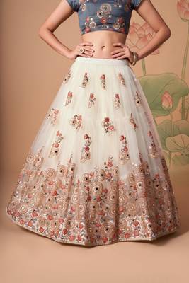 Off White Thread Zari Dori And Sequins Embroidered With Mirror Work Soft Net Designer Lehenga Choli 3