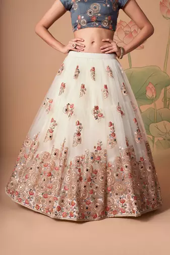 Off White Thread Zari Dori And Sequins Embroidered With Mirror Work Soft Net Designer Lehenga Choli