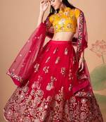  Rani Thread Zari Dori And Sequins Embroidered With Mirror Work Soft Net Lehenga Choli And Dupatta