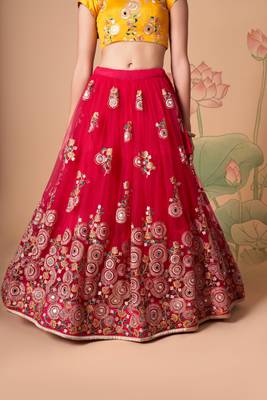  Rani Thread Zari Dori And Sequins Embroidered With Mirror Work Soft Net Lehenga Choli And Dupatta 3